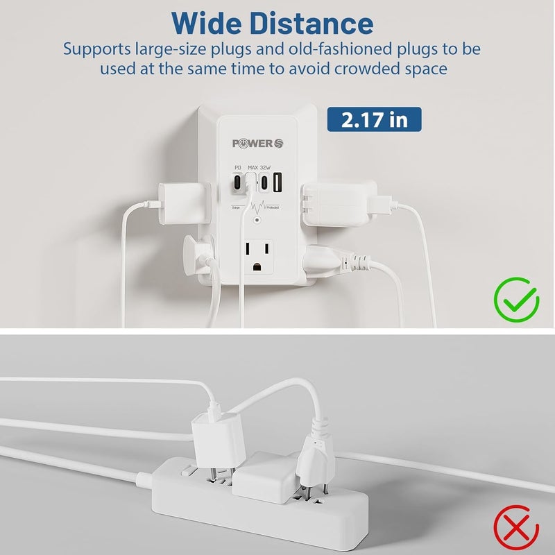 POWERS 20W PD Fast Charging Wall Outlet with USB Ports (3C1A), Electrical Outlet Extender, Surge Protector, Wall Plug Adapter for Multiple Devices, Wall Socket Expander - Image 5